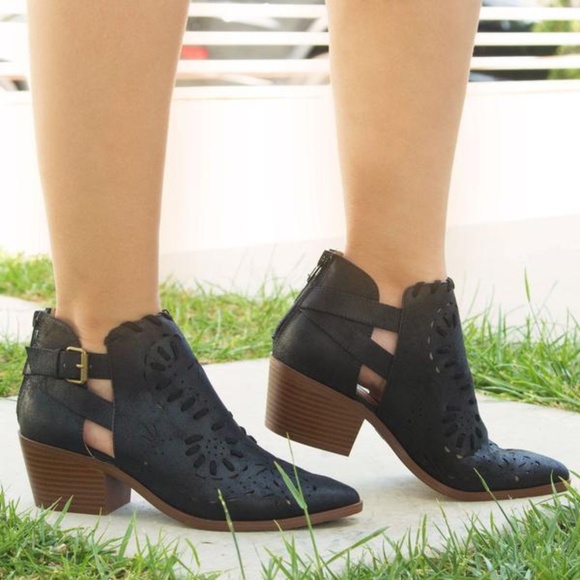 Shoes - Black Perforated Stitched Cut Buckle Bootie
